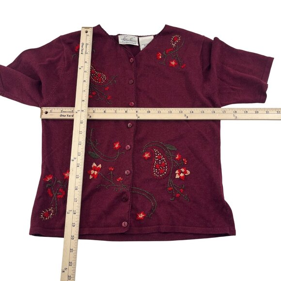 Kathy Lee Collection Women's Burgundy Embroidered Cardigan Sz Small Short Sleeve - Picture 2 of 5